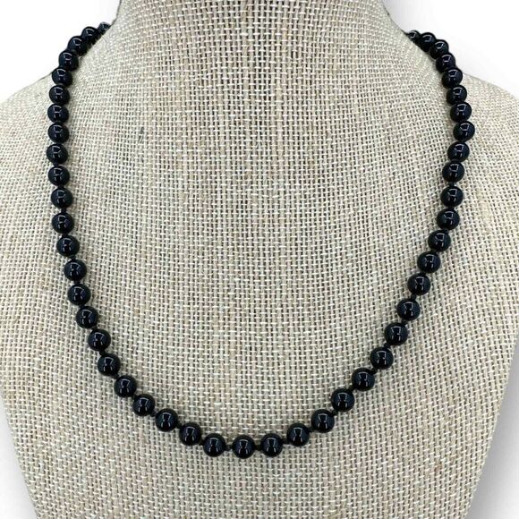 MONET Black Glass Beaded Necklace Signed 16" - Picture 2 of 5